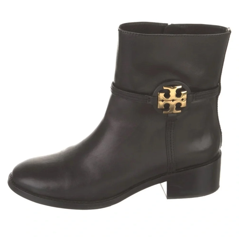 Tory Burch Miller black leather boots gold‎ tone logo zipper booties Sz 10 1/2